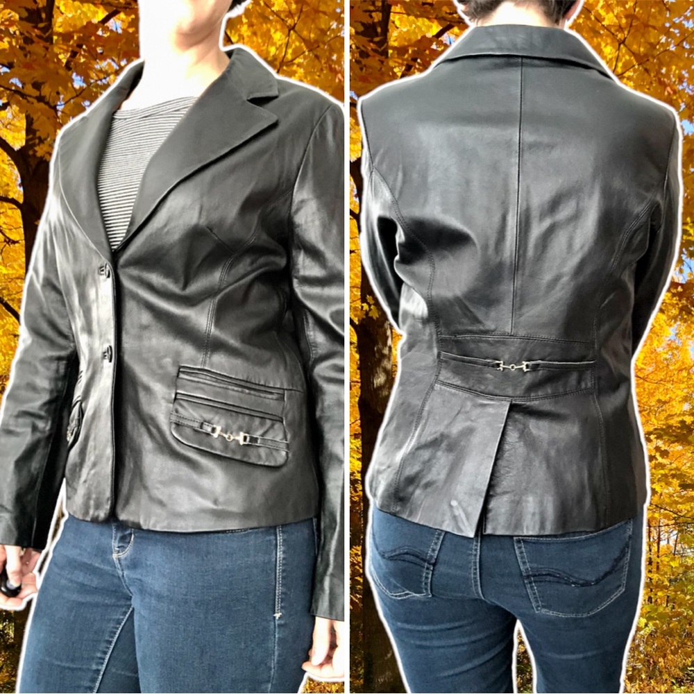 Alexander Julian Black Lamb Leather Jacket with Silver Buckle Details, Size: M